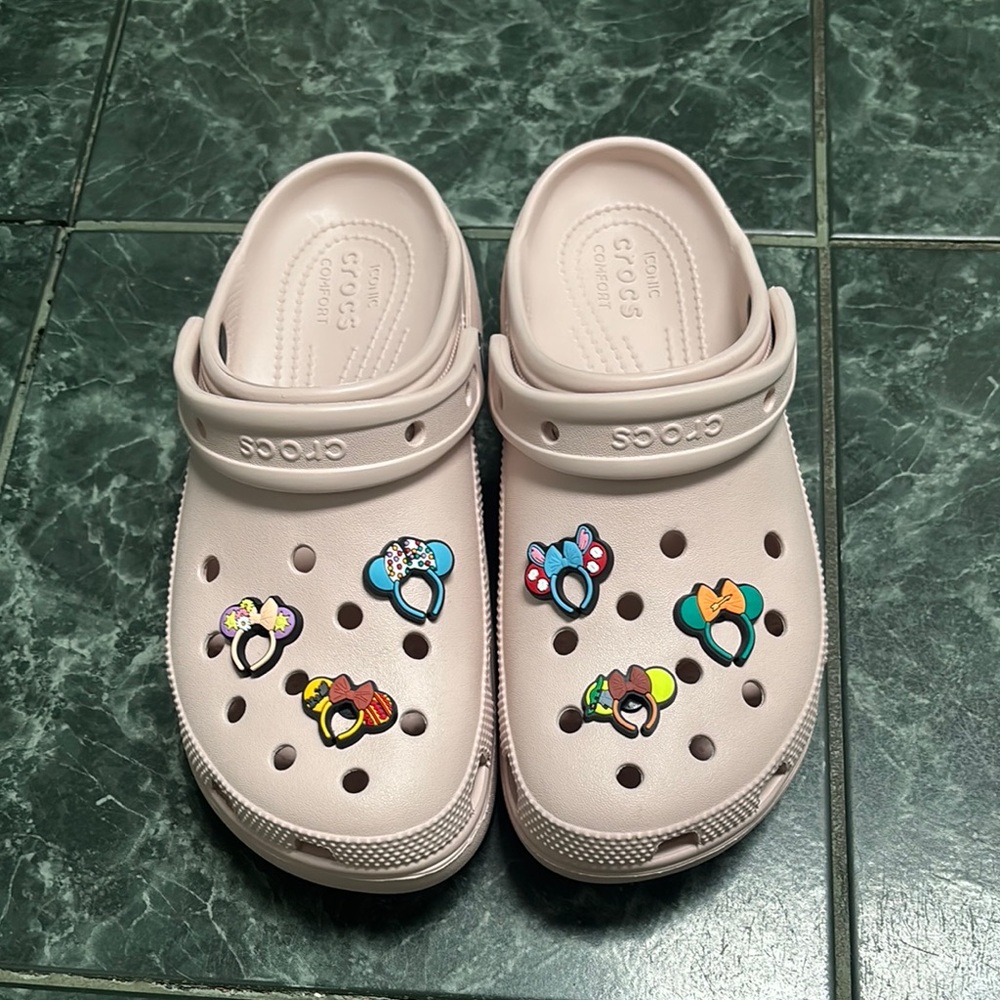 Crocs Women’s Bone Colored Platform Clogs with Character Charms